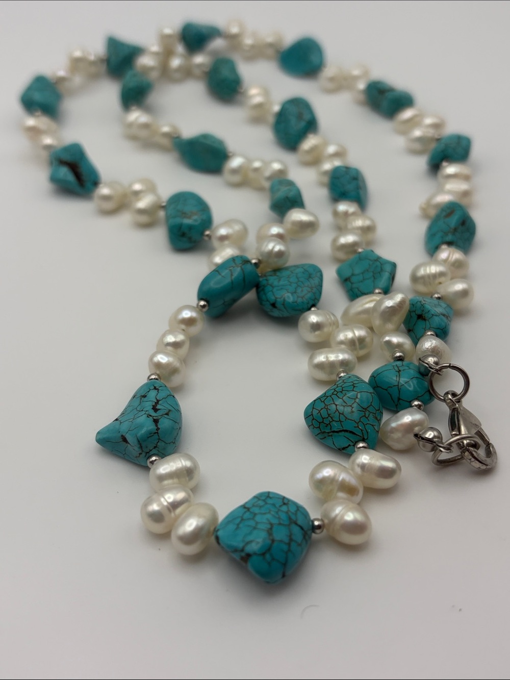 Genuine Freshwater Pearl, Faux Turquoise Necklace - Picture 3 of 5